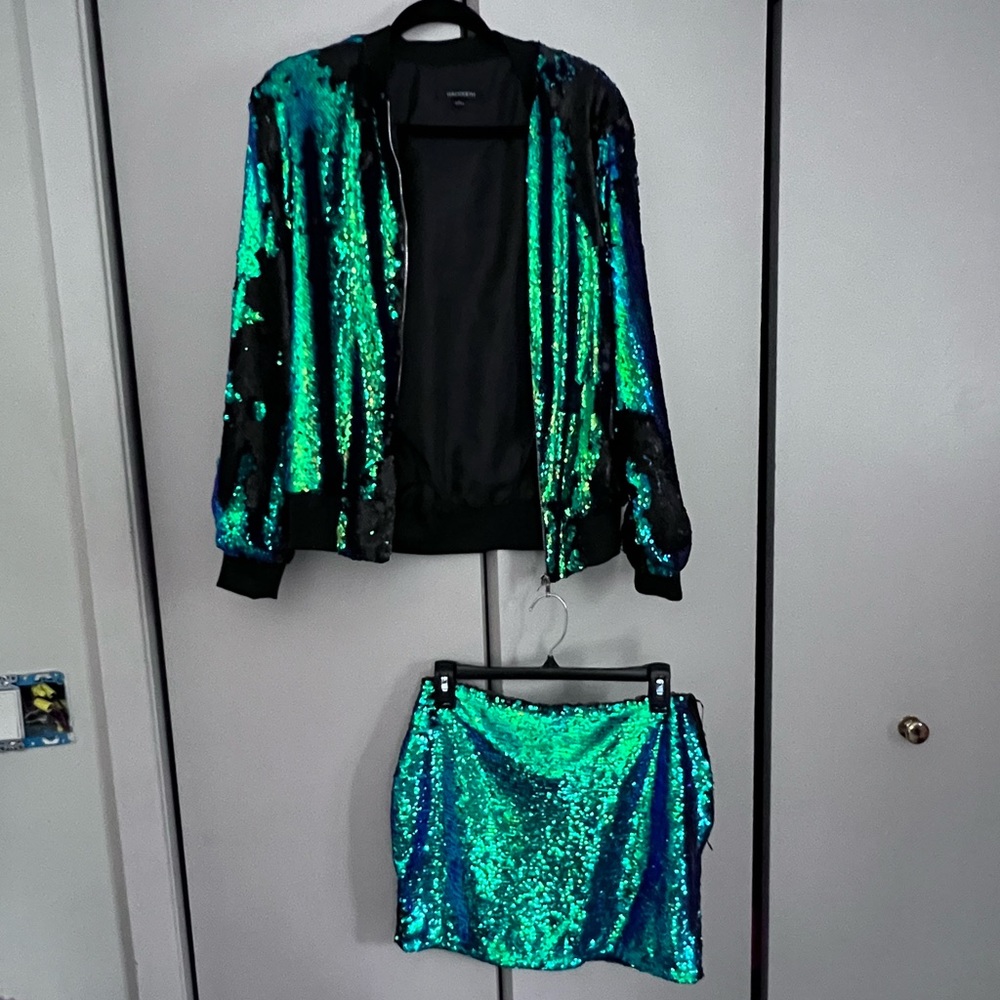 Sequin jacket and mini skirt